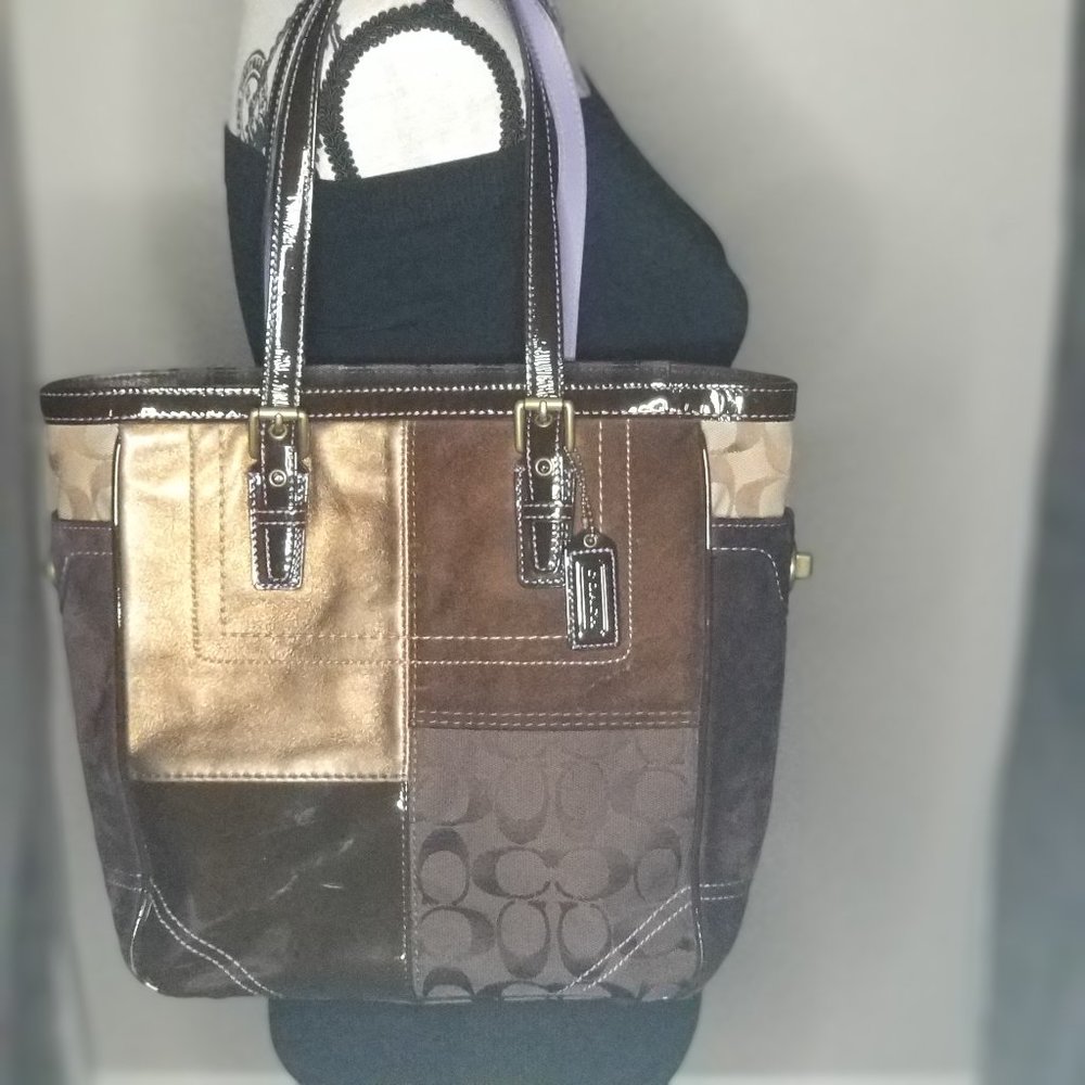 Coach Brown Patchwork Suede Leather Jacquard Bag - image 2